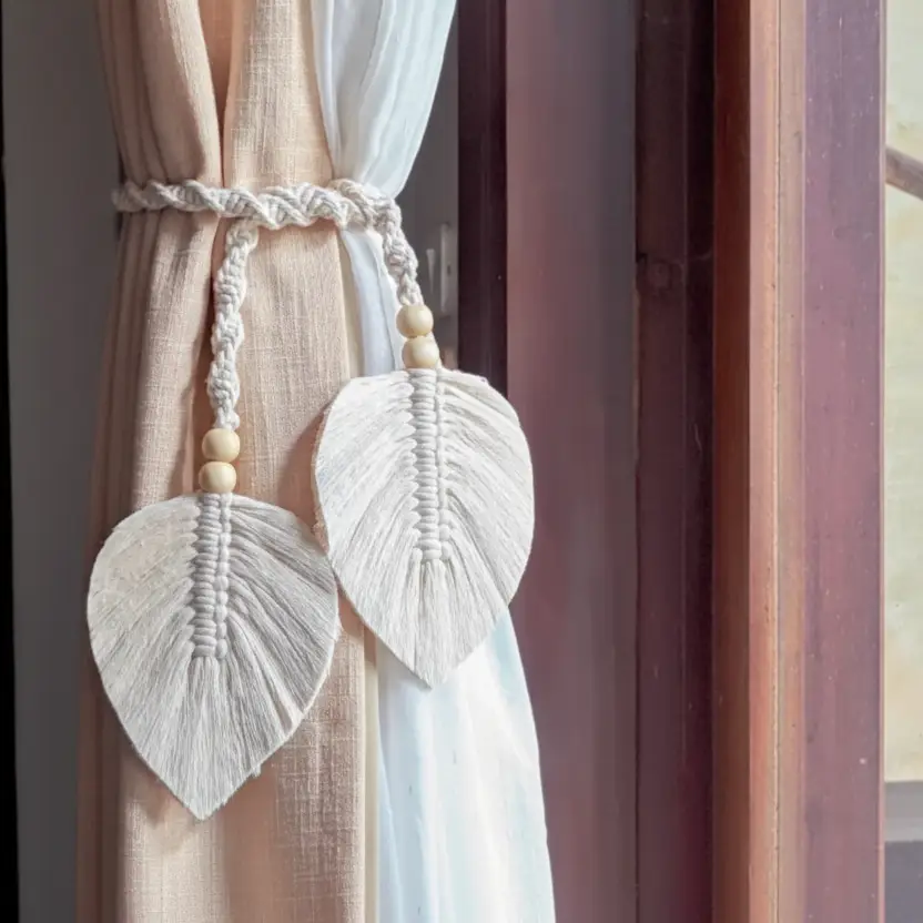 Curtain Tiebacks - Pair Handmade Macrame Boho Leaf with Wood Beads Cream Natural Home Decor Curtain Tiebacks