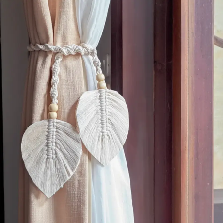Curtain Tiebacks - Pair Handmade Macrame Boho Leaf with Wood Beads Cream Natural Home Decor Curtain Tiebacks