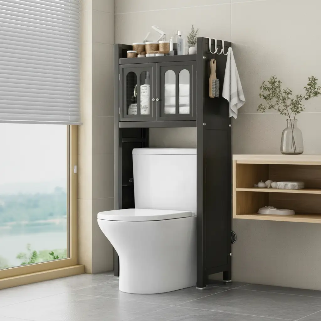 Bathroom Cabinet - Over Toilet 142x50x25cm Dust-Proof Locker Glass Door Shelf with Hooks Dark Brown Home & Garden Bathroom Cabinets