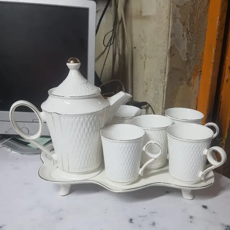 Tea Set - 8-Piece White Ceramic Diamond Weave Teapot 6 Mugs and Serving Tray Gold Trim Kitchen & Dining Tea Sets