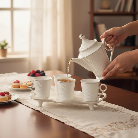 Tea Set - 8-Piece White Ceramic Diamond Weave Teapot 6 Mugs and Serving Tray Gold Trim Kitchen & Dining Tea Sets