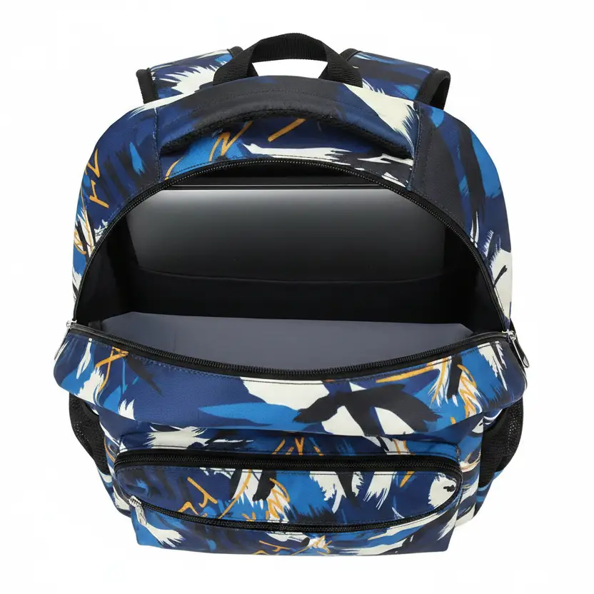 School Bag - 31x45x20cm Geometric Floral Print Multi-Compartment Backpack Blue White Bags & Luggage School Backpacks
