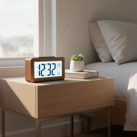 Alarm Clock - Vintage Wooden LCD Digital with Smart Light Sensor Snooze Temperature Date Night Light Electronics Alarm Clocks