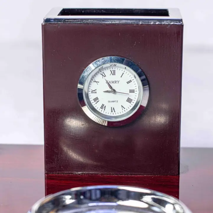 Desk Organizer - Executive Mahogany Gold 6-in-1 Set with Globe Clock Pen Holder and Calculator Home & Garden Desk Organizers