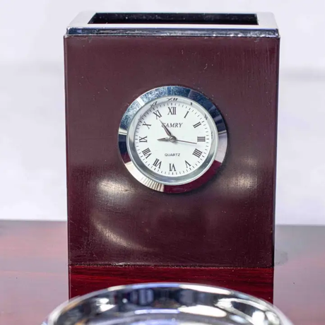 Desk Organizer - Executive Mahogany Gold 6-in-1 Set with Globe Clock Pen Holder and Calculator Home & Garden Desk Organizers