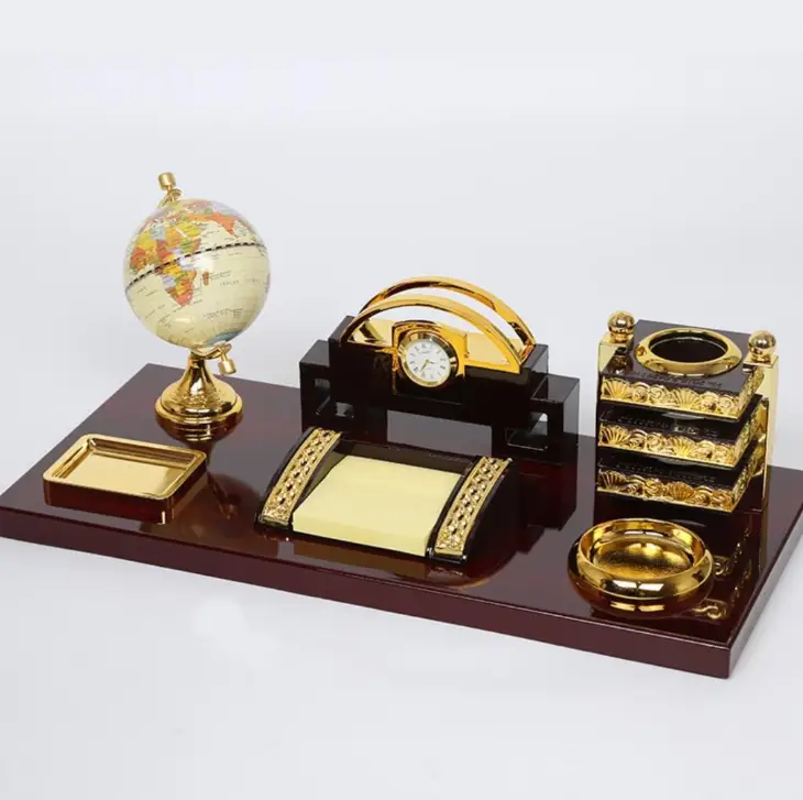 Desk Organizer - Executive Mahogany Gold 6-in-1 Set with Globe Clock Pen Holder and Calculator Home & Garden Desk Organizers
