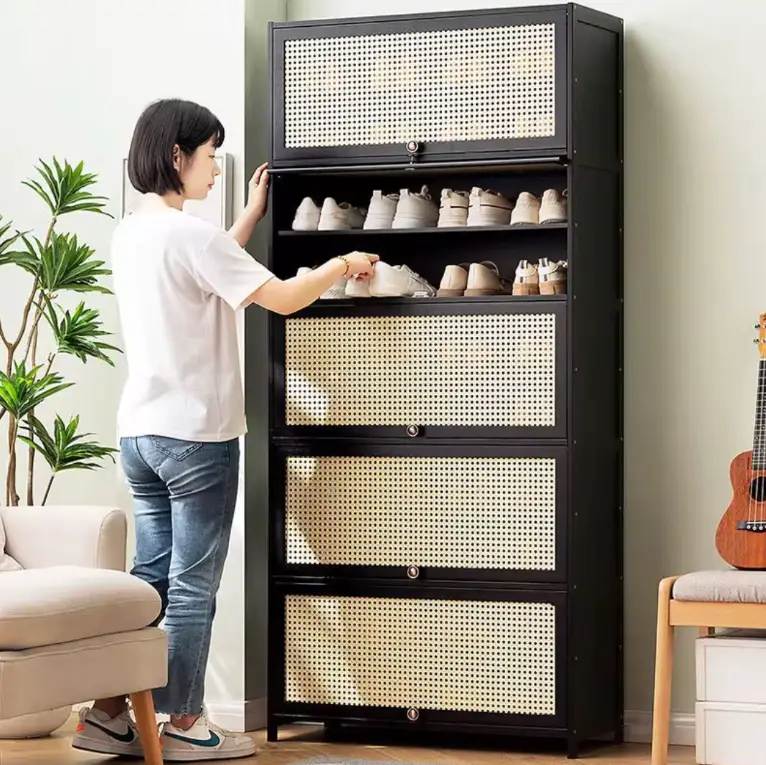 Shoe Cabinet - 11-Layer Breathable Bamboo Rattan Door Storage Rack 172x80x32cm Walnut Brown Furniture Shoe Cabinets