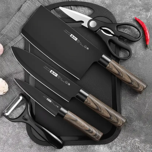Kitchen Knife Set - 7-Piece Black Blade with Wood Handle Cleaver Chef Knife Scissors Peeler and Chopping Board Kitchen & Dining Knife Sets