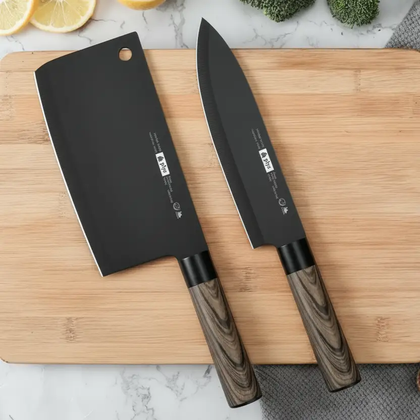 Kitchen Knife Set - 7-Piece Black Blade with Wood Handle Cleaver Chef Knife Scissors Peeler and Chopping Board Kitchen & Dining Knife Sets