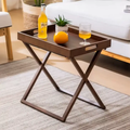 Side Table - Foldable Wooden Butler Tray Table with X-Frame Stand 47x34.5x46.5cm Walnut Brown Furniture End Tables