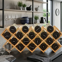 Spice Rack - Wooden Diamond Grid with 18 x 120ml Glass Jars and Pre-Labelled Sticker Sheet Natural Kitchen & Dining Spice Organizers