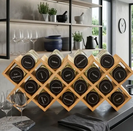 Spice Rack - Wooden Diamond Grid with 18 x 120ml Glass Jars and Pre-Labelled Sticker Sheet Natural Kitchen & Dining Spice Organizers