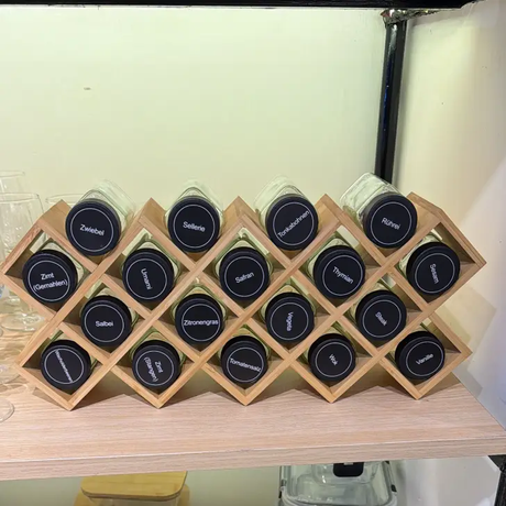 Spice Rack - Wooden Diamond Grid with 18 x 120ml Glass Jars and Pre-Labelled Sticker Sheet Natural Kitchen & Dining Spice Organizers