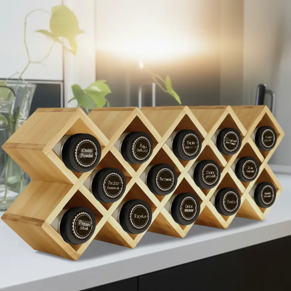 Spice Rack - Wooden Diamond Grid with 18 x 120ml Glass Jars and Pre-Labelled Sticker Sheet Natural Kitchen & Dining Spice Organizers