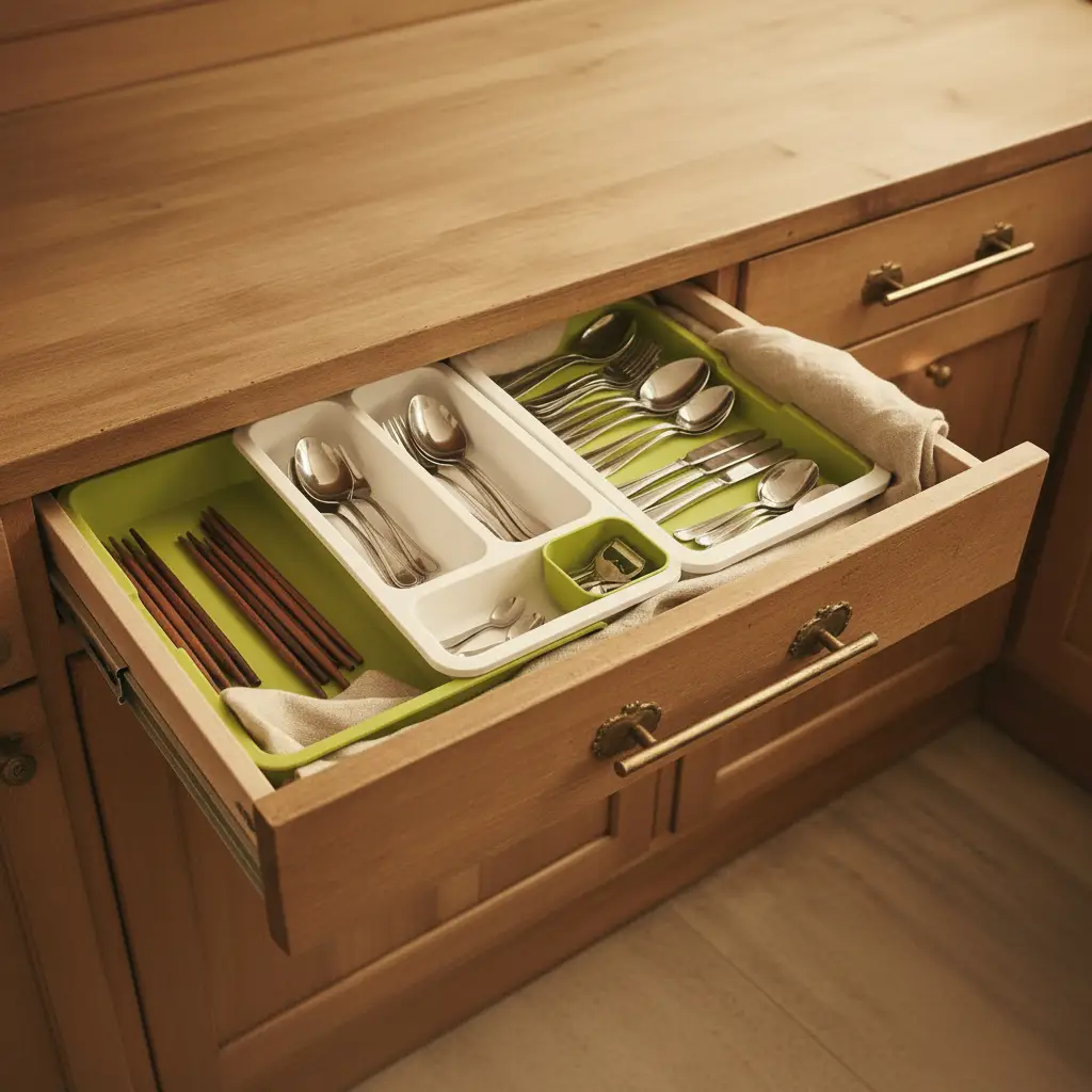 Cutlery Drawer Organizer - DrawerStore Expandable 5-Slot Tray with Removable Caddy White Green Kitchen & Dining Flatware Trays