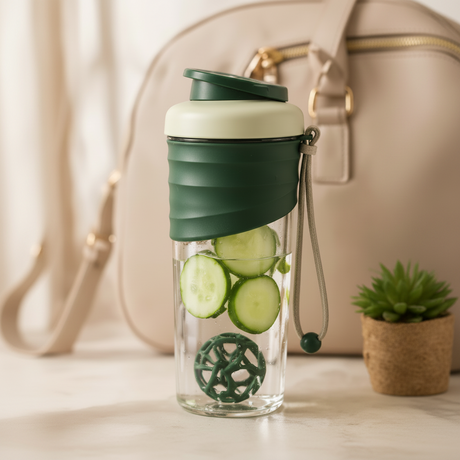 Shaker Bottle - Double Wall Glass with Mixing Ball Leak-Proof Lid and Carry Strap Pink Green Yellow Grey Health & Beauty Water Bottles