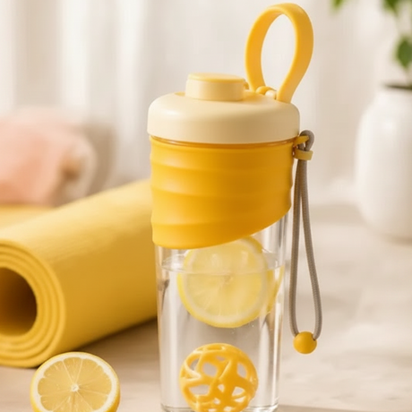 Shaker Bottle - Double Wall Glass with Mixing Ball Leak-Proof Lid and Carry Strap Pink Green Yellow Grey Health & Beauty Water Bottles