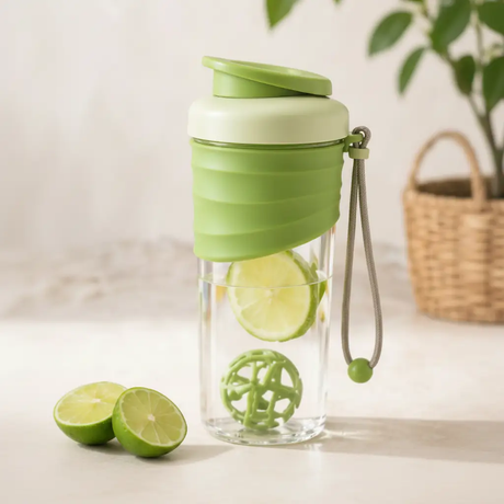Shaker Bottle - Double Wall Glass with Mixing Ball Leak-Proof Lid and Carry Strap Pink Green Yellow Grey Health & Beauty Water Bottles