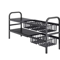 Under-Sink Organizer - 2-Tier Expandable Metal Rack with 2 Pull-Out Wire Baskets and Adjustable Shelves Black Home & Garden Kitchen Organizers