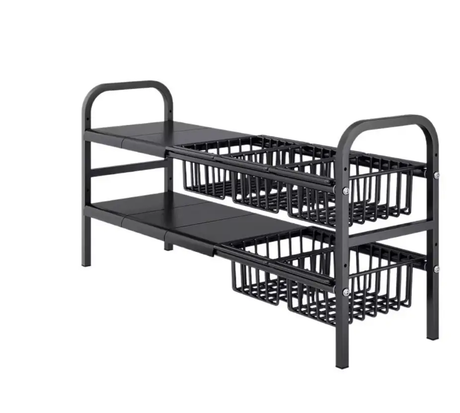 Under-Sink Organizer - 2-Tier Expandable Metal Rack with 2 Pull-Out Wire Baskets and Adjustable Shelves Black Home & Garden Kitchen Organizers