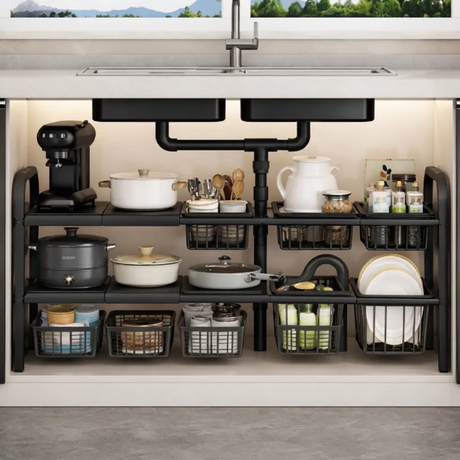 Under-Sink Organizer - 2-Tier Expandable Rack with Pull-Out Baskets Black Home & Garden Kitchen Organizers