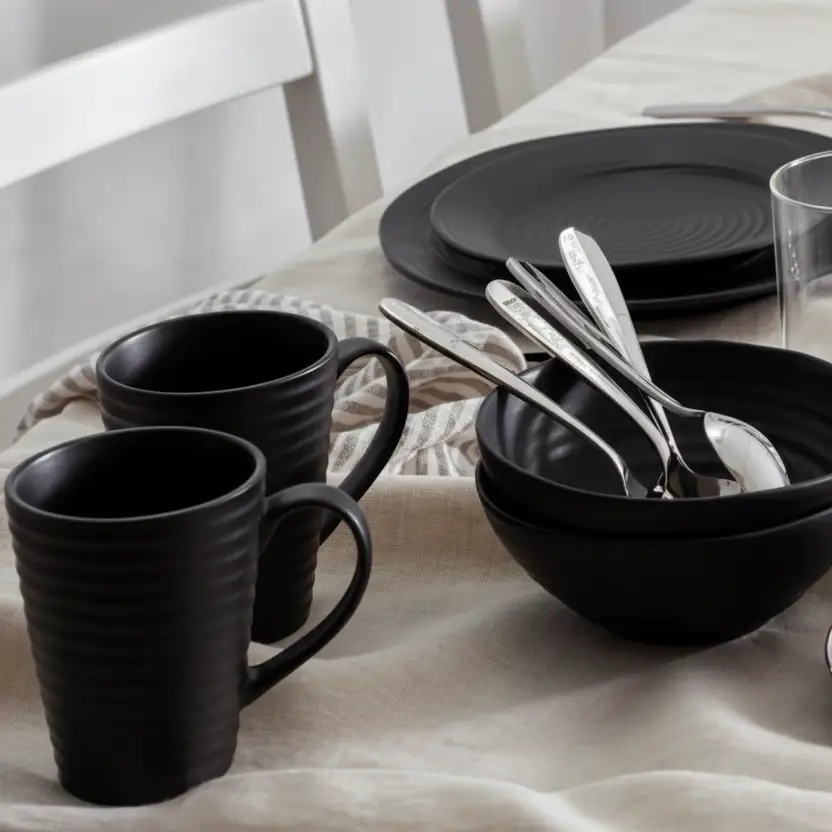 Ceramic Mug - Matte Black Ribbed 300ml Tea Coffee Cup Kitchen & Dining Mugs