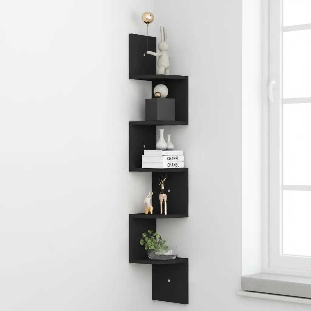 Corner Shelf - 5-Tier Zigzag Wall Mounted Floating 125cm Black White Home & Garden Corner Wall Shelves & Ledges