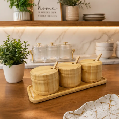 Condiment Jar Set - 3-Piece Bamboo with Lids Spoons and Tray Natural Kitchen & Dining Food Storage Containers