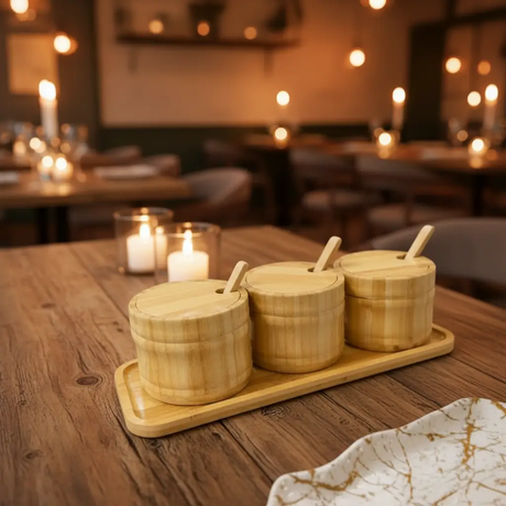 Condiment Jar Set - 3-Piece Bamboo with Lids Spoons and Tray Natural Kitchen & Dining Food Storage Containers