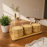 Condiment Jar Set - 3-Piece Bamboo with Lids Spoons and Tray Natural Kitchen & Dining Food Storage Containers