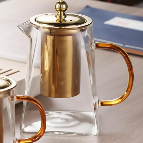 Glass Teapot - Heat Resistant with Stainless Steel Infuser Gold Handle 550ml 750ml 950ml Kitchen & Dining Teapots