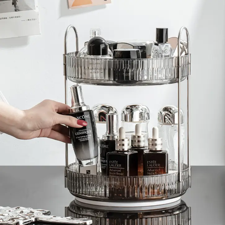 Makeup Organiser - 2-Tier 360 Rotating Transparent Acrylic with Chrome Frame Smoke Grey Health & Beauty Household Storage Caddies