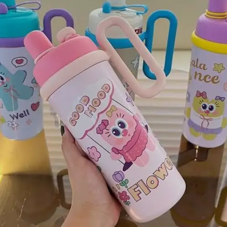 Kids Water Bottle - 304 Stainless Steel Insulated Cartoon with Handle and Straw Kitchen & Dining Water Bottles