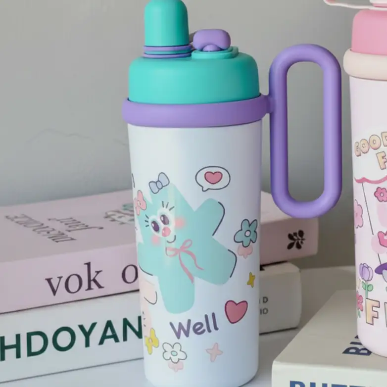 Kids Water Bottle - 304 Stainless Steel Insulated Cartoon with Handle and Straw Kitchen & Dining Water Bottles