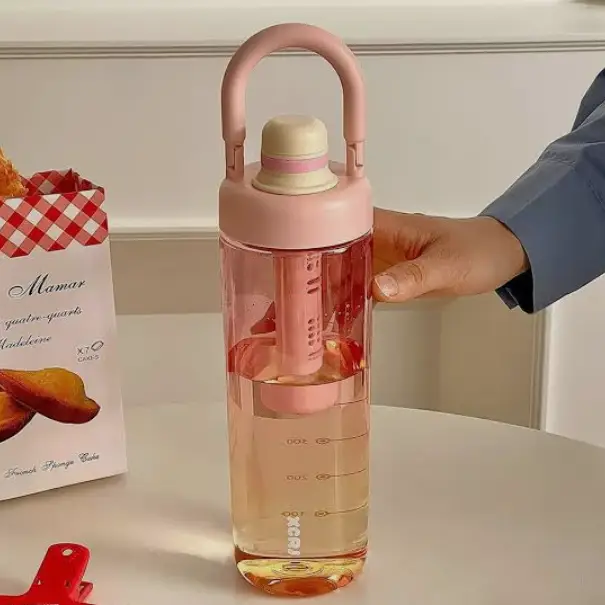 Sports Water Bottle - 1L Gradient with Strainer and Handle Rose Pink Hot Pink Beige Purple Kitchen & Dining Water Bottles