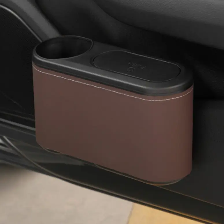 Car Trash Bin - 2-in-1 Door Hanging Organiser with Cup Holder and Push Lid Beige Black Automotive Vehicle Organizers
