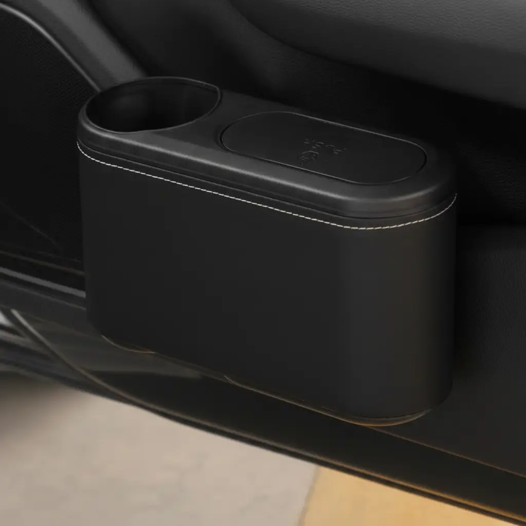 Car Trash Bin - 2-in-1 Door Hanging Organiser with Cup Holder and Push Lid Beige Black Automotive Vehicle Organizers
