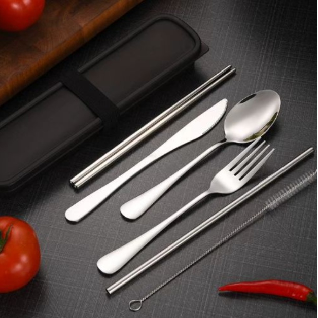 Travel Cutlery Set - 6-Piece Stainless Steel with Storage Case Silver Gold Kitchen & Dining Flatware Sets