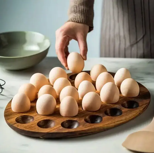 Egg Tray - Round Wooden 18-Slot Multi-Compartment Storage Rack Natural Kitchen & Dining Food Storage Containers