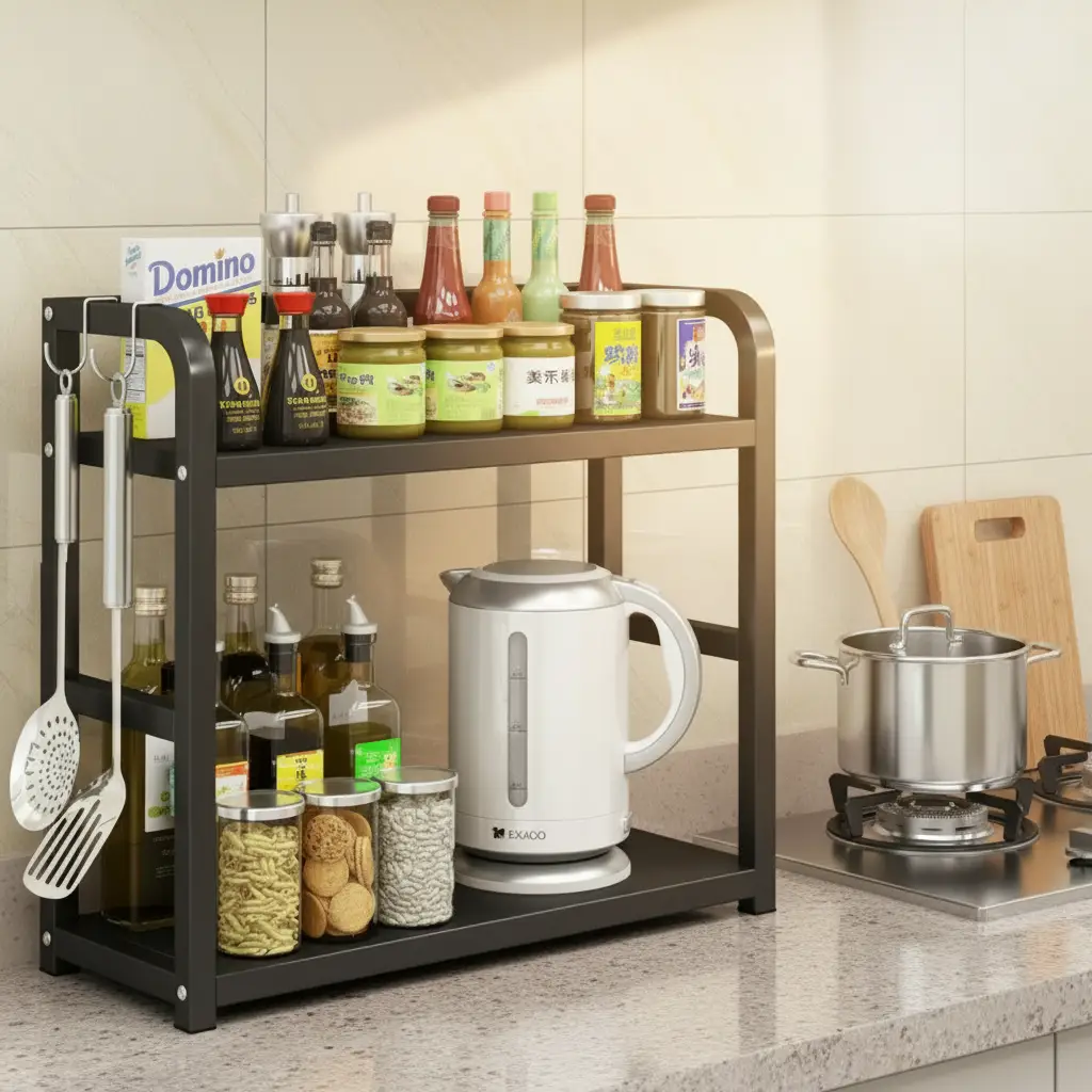 Kitchen Rack - 2-Tier Bamboo and Stainless Steel Spice and Condiment Organiser Black Kitchen & Dining Kitchen Cabinet Organizers