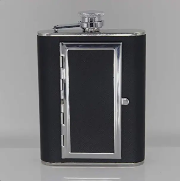 Hip Flask - 2-in-1 Stainless Steel with Hidden Cigarette Case and Funnel Black Silver Lifestyle & Accessories Flasks