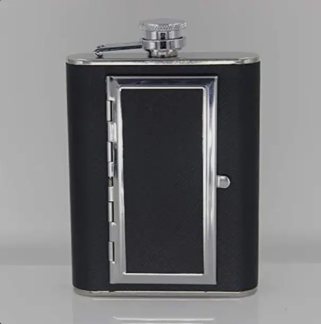 Hip Flask - 2-in-1 Stainless Steel with Hidden Cigarette Case and Funnel Black Silver Lifestyle & Accessories Flasks