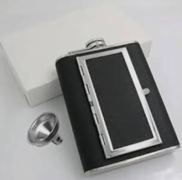 Hip Flask - 2-in-1 Stainless Steel with Hidden Cigarette Case and Funnel Black Silver Lifestyle & Accessories Flasks