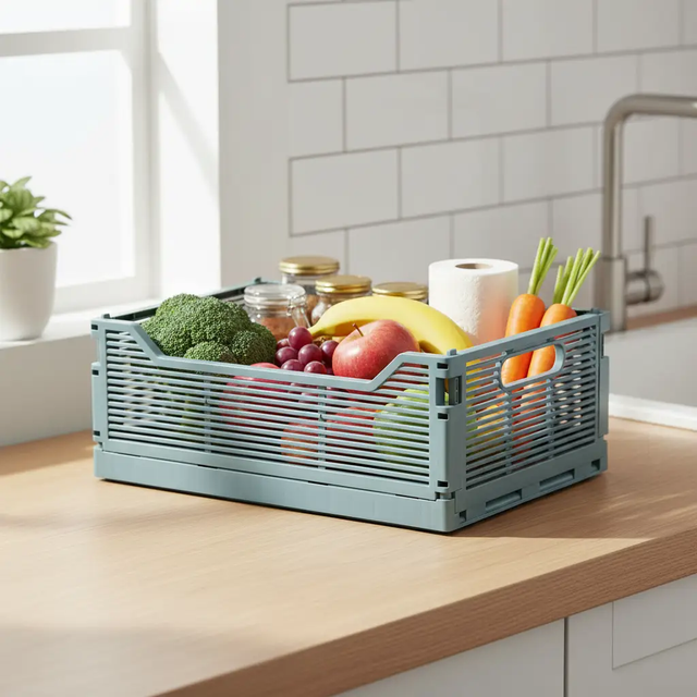 Large Collapsible Plastic Storage Crate with Ventilated Slats and Handles Home & Garden Household Storage Baskets