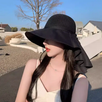 Sun Hat - Women's Wide Brim Straw with Chiffon Shawl Bow Beige Fashion Accessories Sun Hats