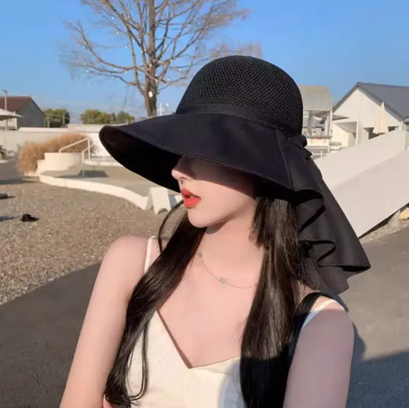 Sun Hat - Women's Wide Brim Straw with Chiffon Shawl Bow Beige Fashion Accessories Sun Hats