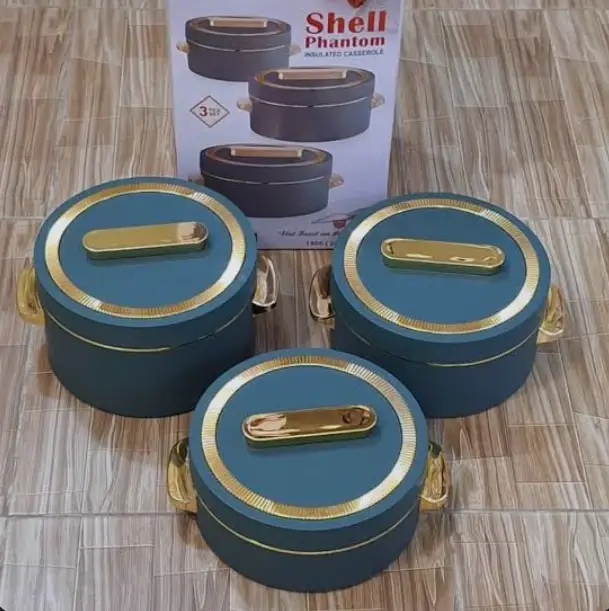3 Piece Luxurious Shell Blue And Gold Hot Pot Set Keeps Food Hot Kitchen & Dining Beverage Warmers