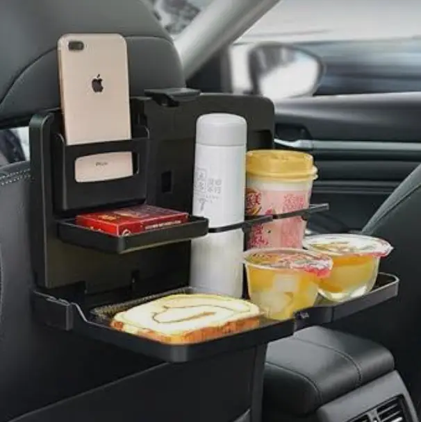 Car Backseat Organiser - 6-in-1 Foldable Tray Phone Tablet Food Bottle Holder Automotive Vehicle Organizers