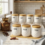 Canister Set - 8-Piece Luxury Ceramic Ribbed with Bamboo Lids and Tray White Kitchen & Dining Food Storage Containers