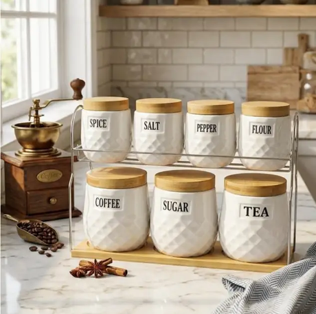 Canister Set - 8-Piece Luxury Ceramic Ribbed with Bamboo Lids and Tray White Kitchen & Dining Food Storage Containers